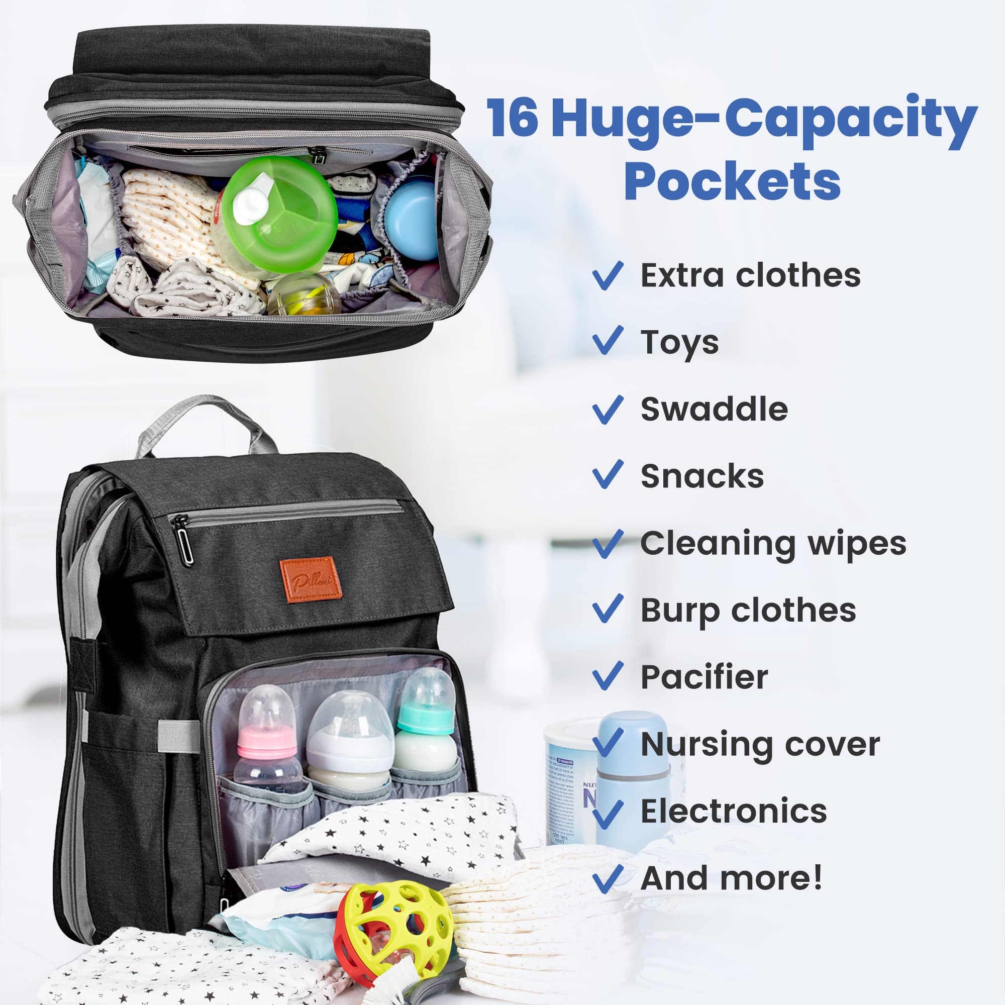 PILLANI diaper bag backpack showing 16 pockets for organized storage