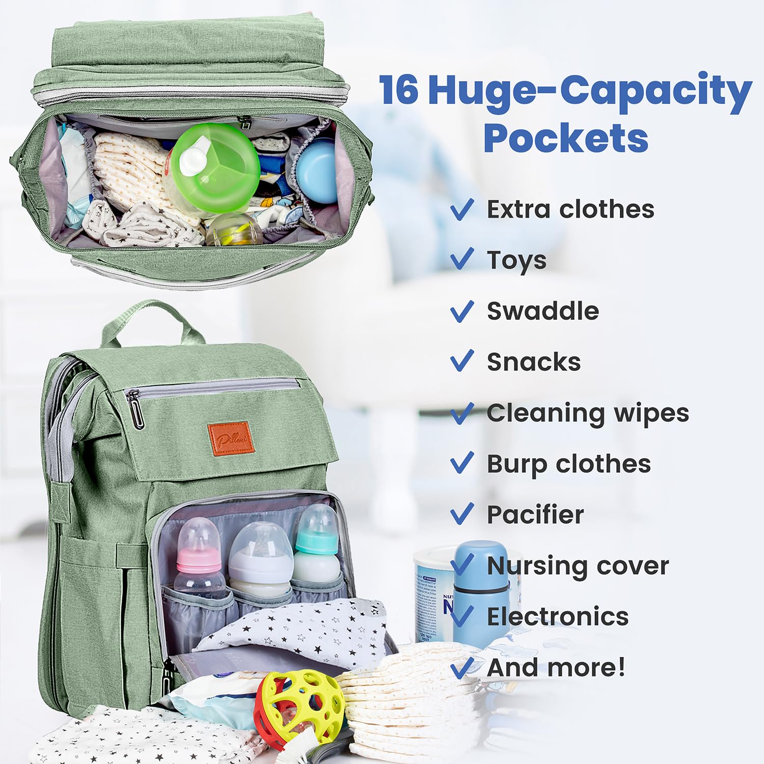 Pillani diaper bag backpack insulated bottle pockets keep feeds ready.
