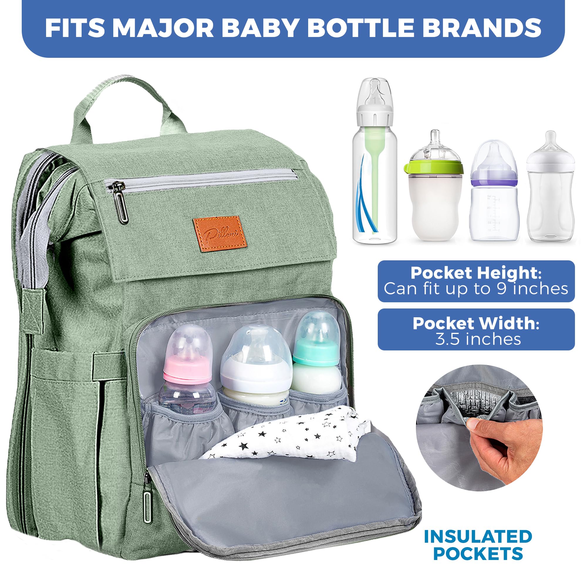 Pillani diaper bag backpack waterproof fabric protects contents in wet weather.