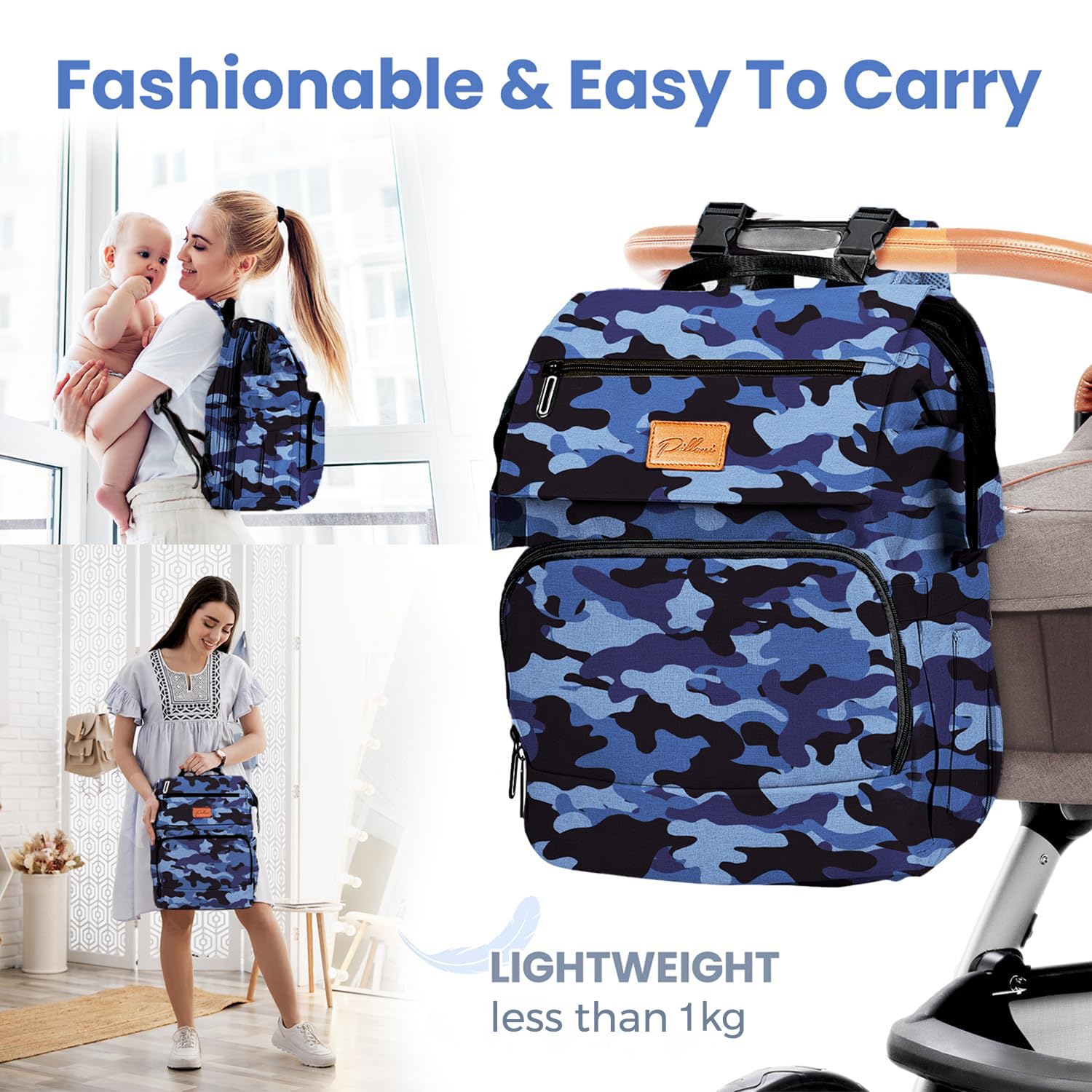 PILLANI diaper bag changing pad included for on-the-go diaper changes.