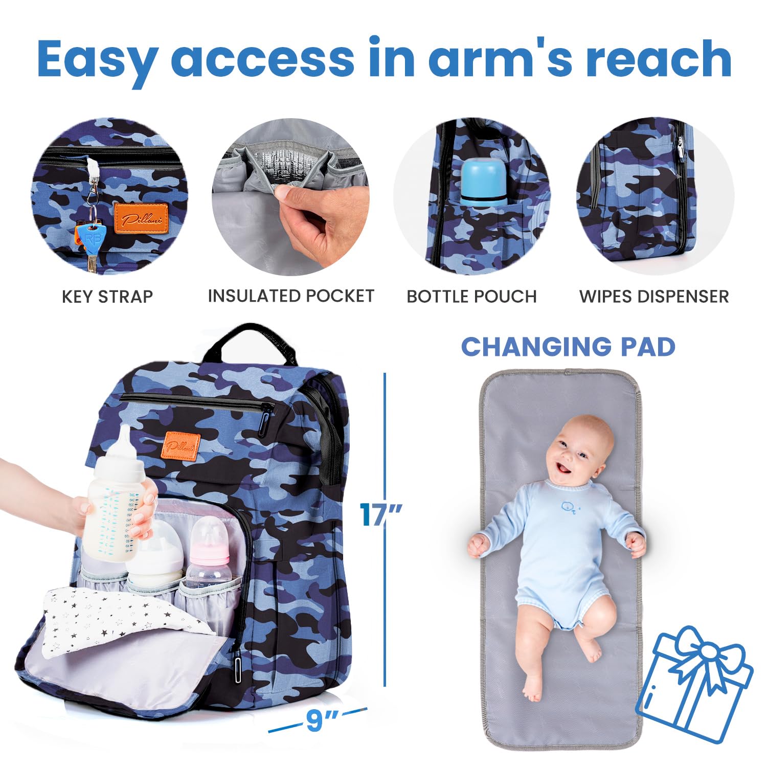 PILLANI diaper bag side mesh pocket for water bottle and wipes storage.