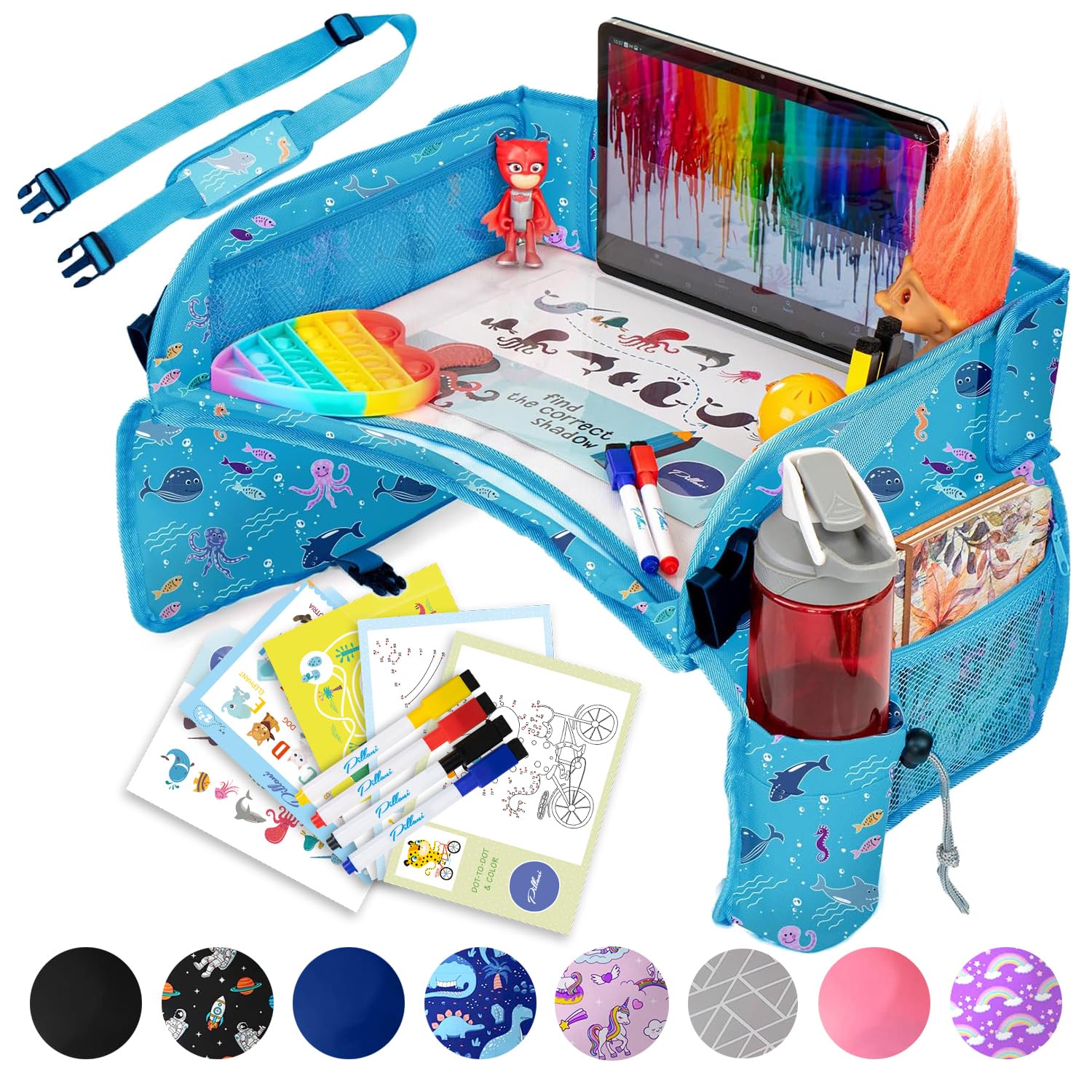 PILLANI travel tray car-seat-organization keeps toys and snacks within easy reach on the go