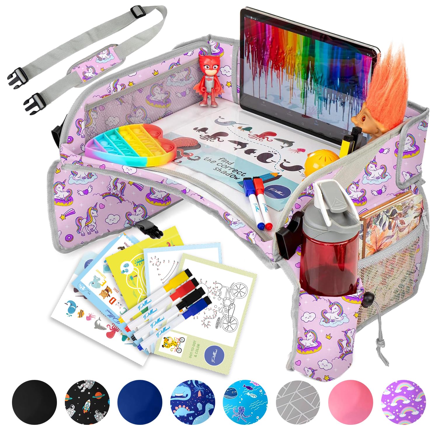 PILLANI Kids Travel Tray on a car seat in use for stable tablet entertainment