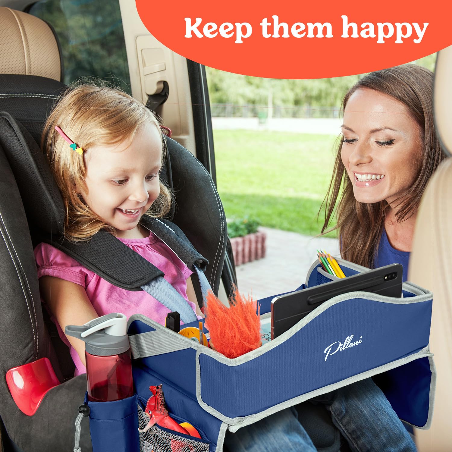 PILLANI Kids Travel Tray with erasable drawing surface for quick art.