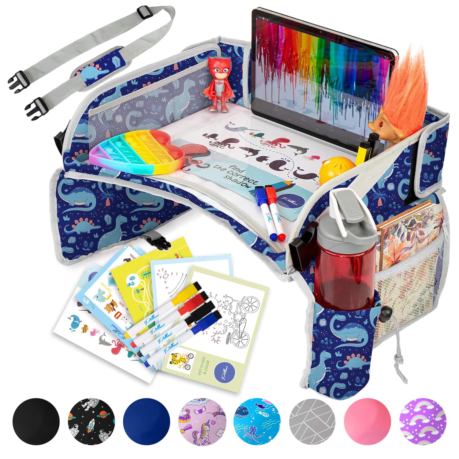 PILLANI Kids Travel Tray on lap keeps kids entertained and organized during car rides.
