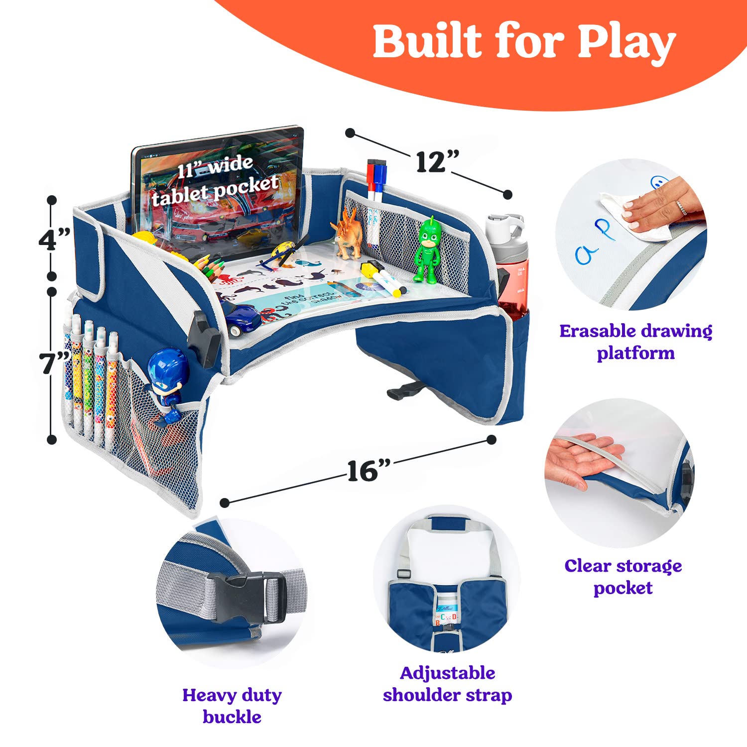 PILLANI Kids Travel Tray includes organized pockets for tablets and toys.