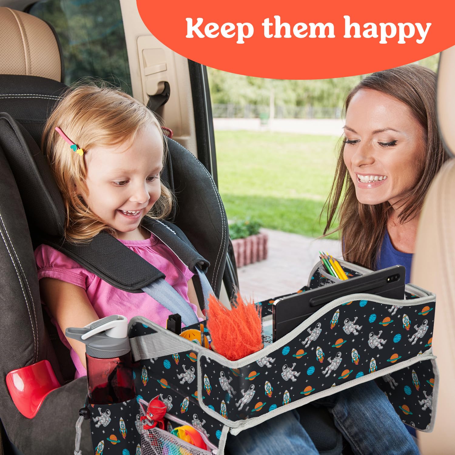 PILLANI travel tray holds a tablet for hands-free in-car entertainment