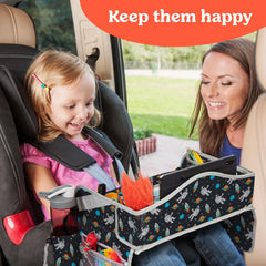 PILLANI travel tray holds a tablet for hands-free in-car entertainment