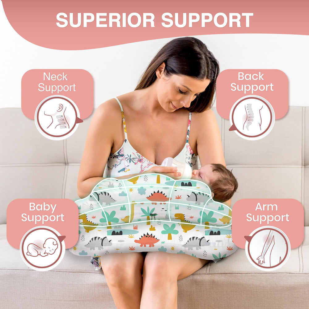 PILLANI nursing pillow securely cradles baby to prevent slipping during feeds.