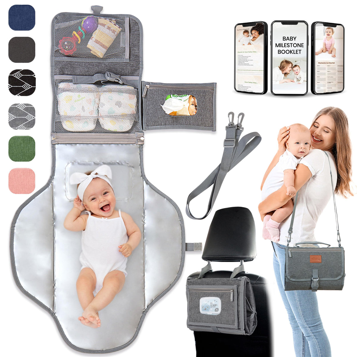Pillani portable changing pad folded into clutch for on-the-go changes.