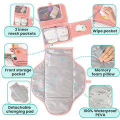 PILLANI memory foam pillow provides soft head support during changes.