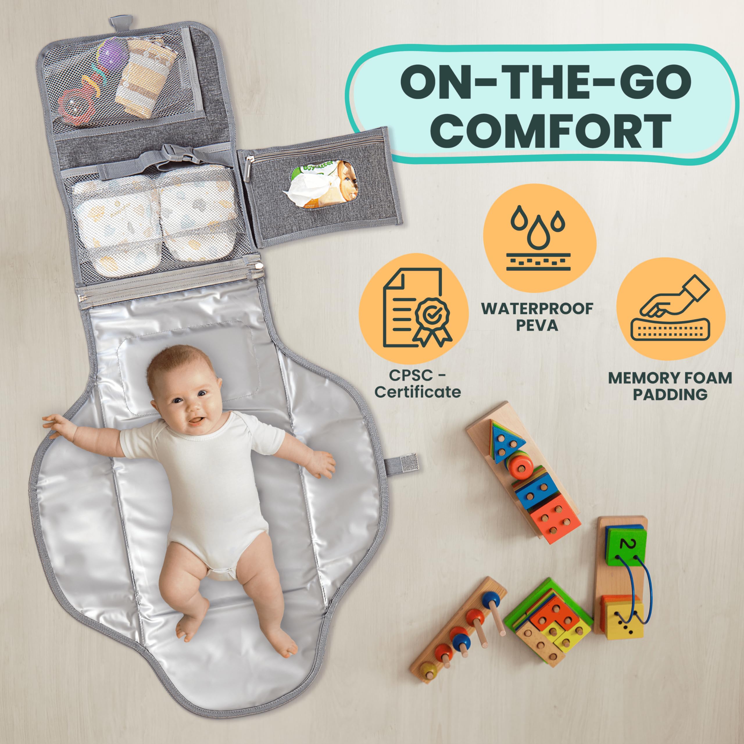 Pillani portable changing pad open layout shows easy access.