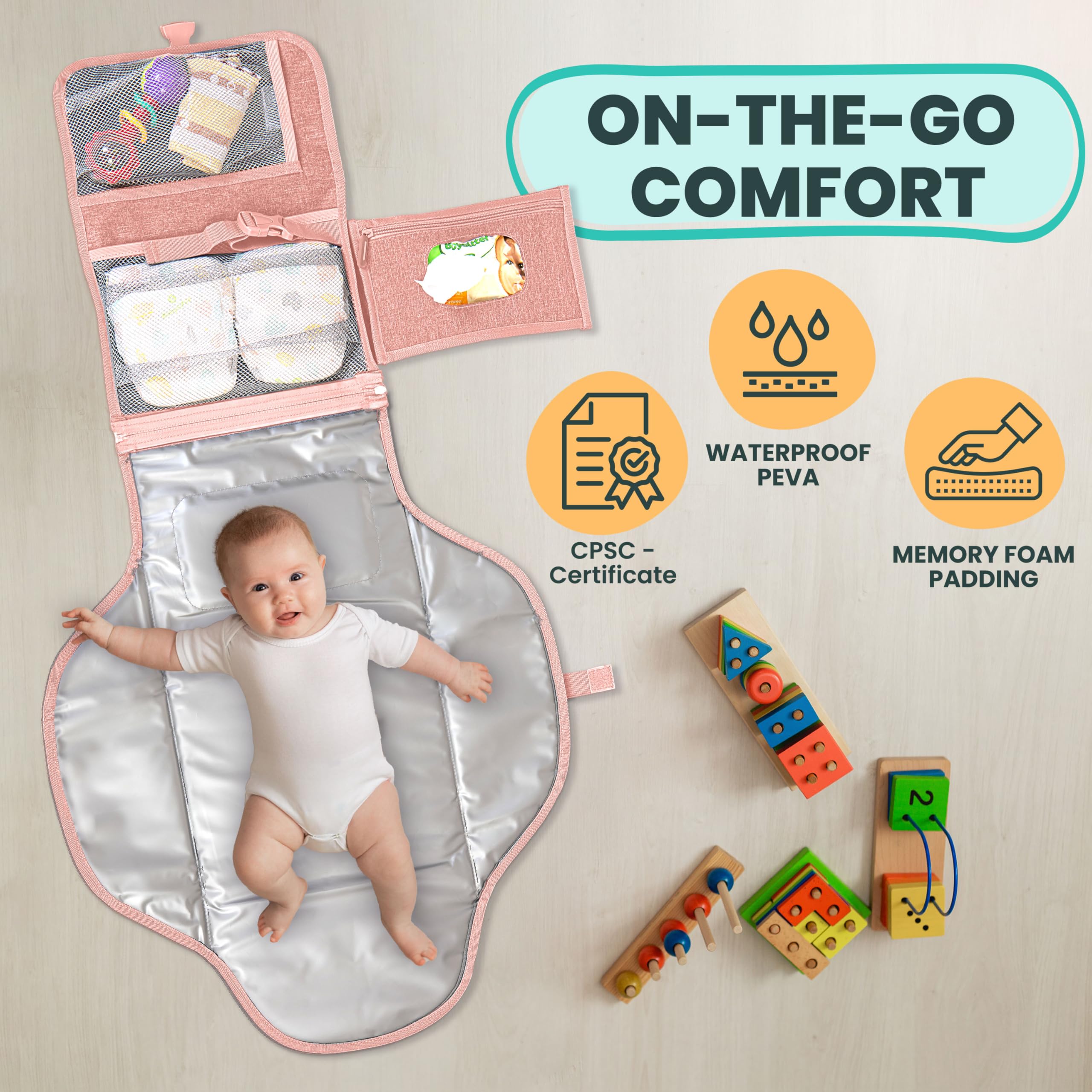 PILLANI portable changing pad open, spacious surface for comfortable diaper changes.