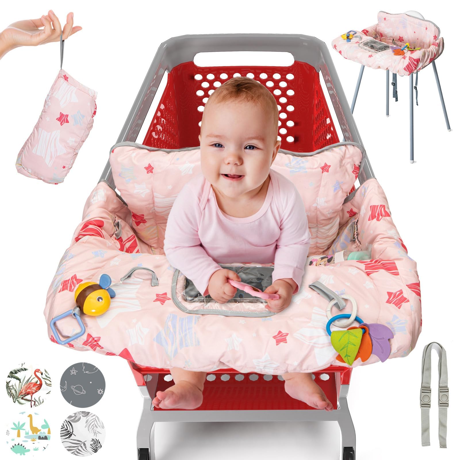 PILLANI shopping cart cover on a baby seat during shopping for 360-degree protection.