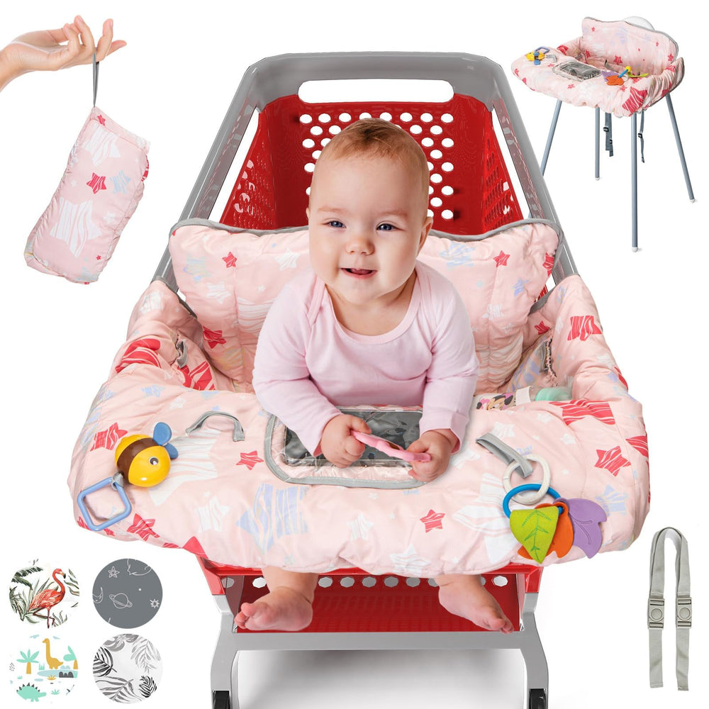 PILLANI shopping cart cover on a baby seat during shopping for 360-degree protection.