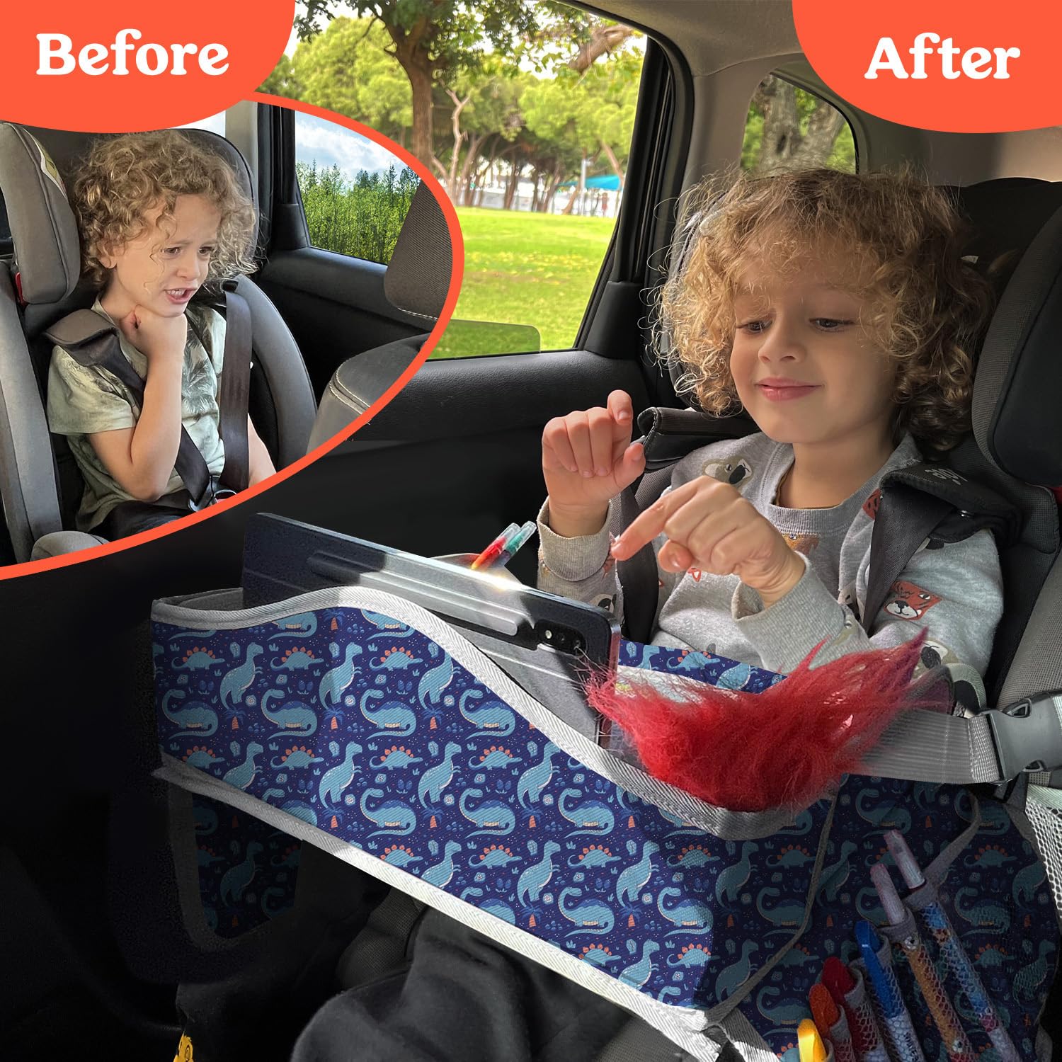 PILLANI travel tray compact size fits on many car seats for versatile travel.