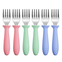 Pimoys 6-pack stainless steel toddler forks with smooth edges for safe self-feeding.