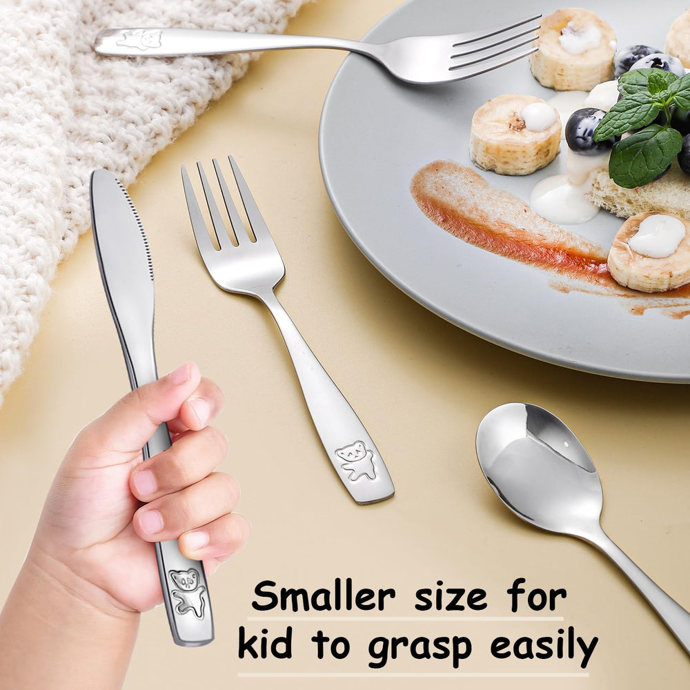 Pimoys bear-pattern utensils add fun to kids dining and learning moments.