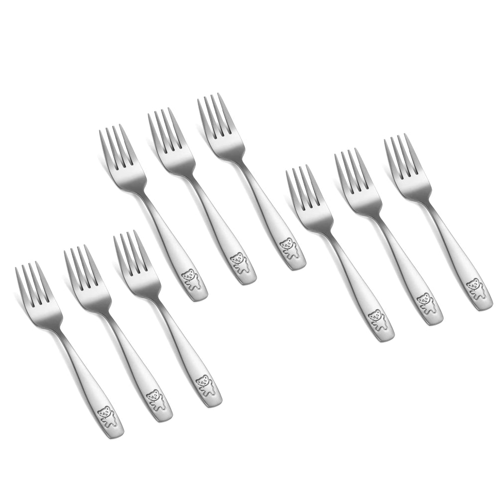 Pimoys 9-piece toddler silverware set ready for family meals at home.
