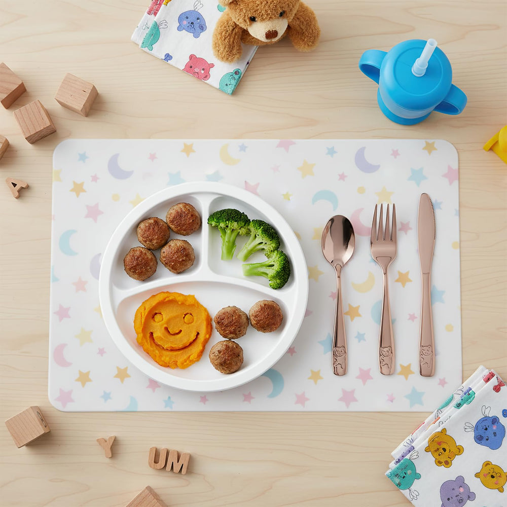 Pimoys rose gold kids silverware set 9-piece pack supports daily meals and replacements.