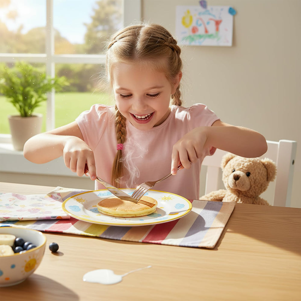 Pimoys rose gold kids silverware set features bear-pattern for playful mealtime appeal.