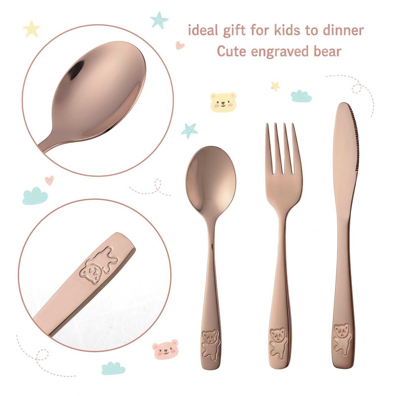 Pimoys rose gold kids silverware set highlights dishwasher-safe convenience for busy families.
