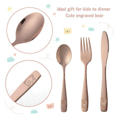 Pimoys rose gold kids silverware set highlights dishwasher-safe convenience for busy families.