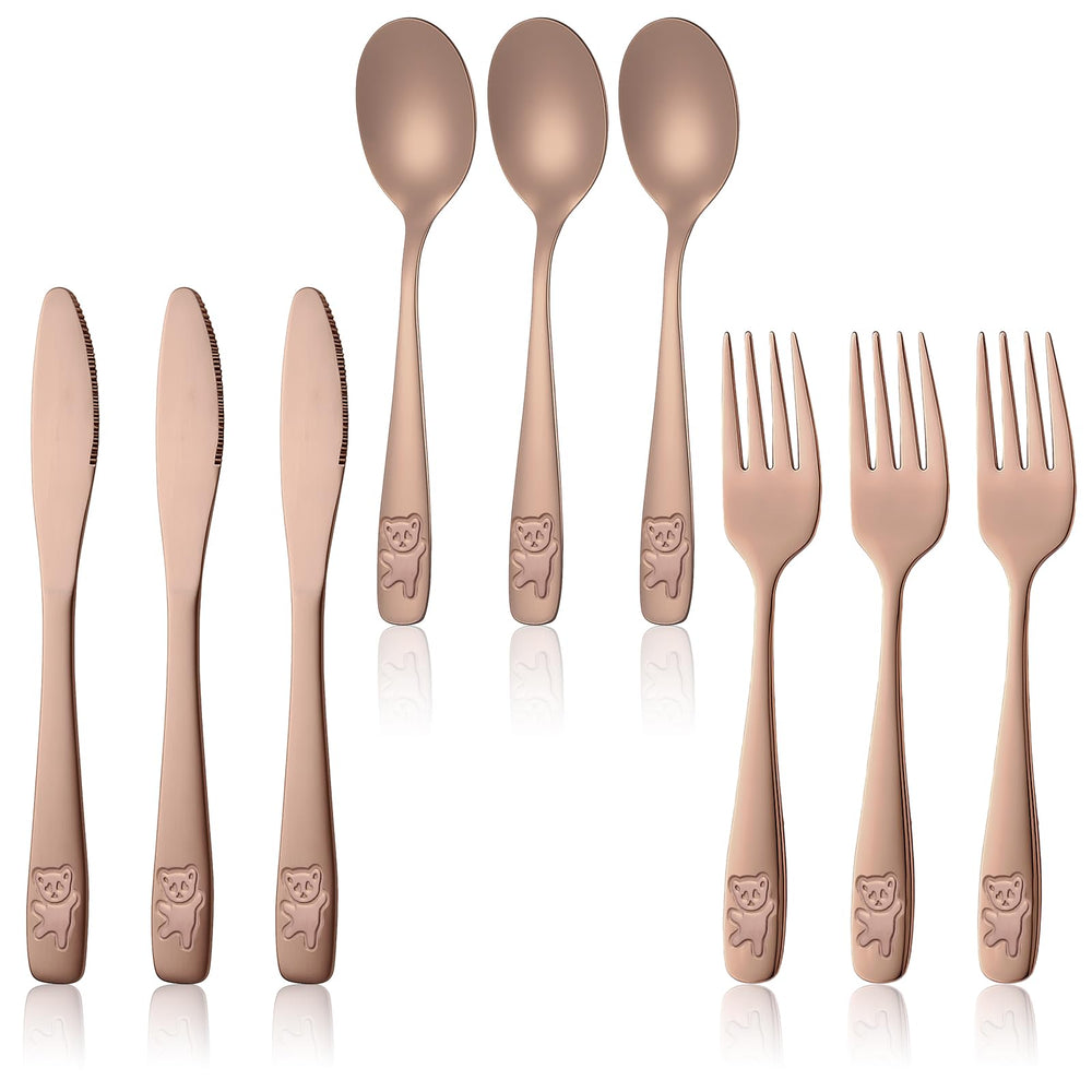 Pimoys rose gold kids silverware set with kid-friendly-design promotes easy gripping during meals.