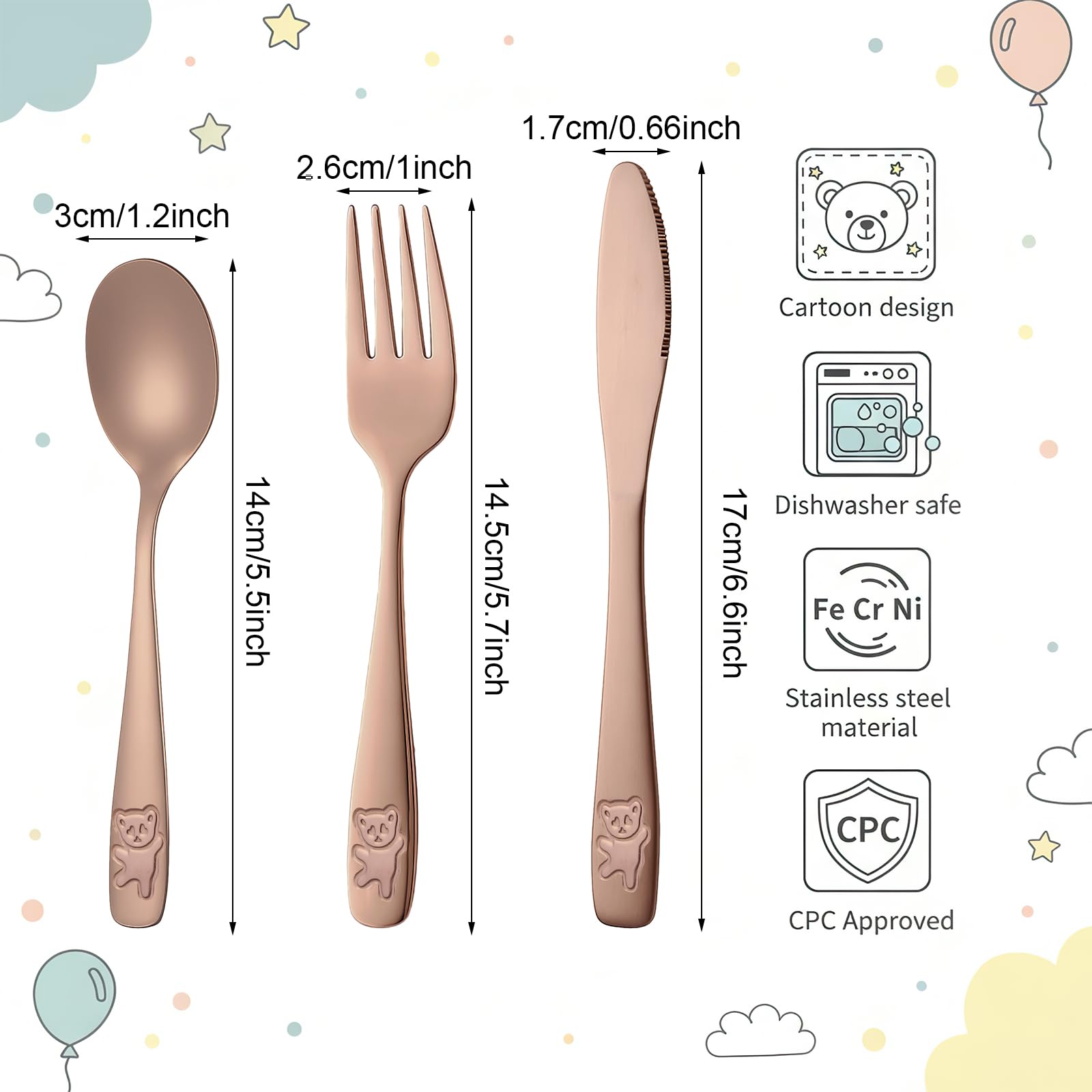 Pimoys rose gold kids silverware set shows mirror-polished finish for stylish, easy-to-clean dining.