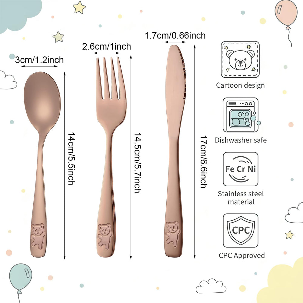 Pimoys rose gold kids silverware set shows mirror-polished finish for stylish, easy-to-clean dining.