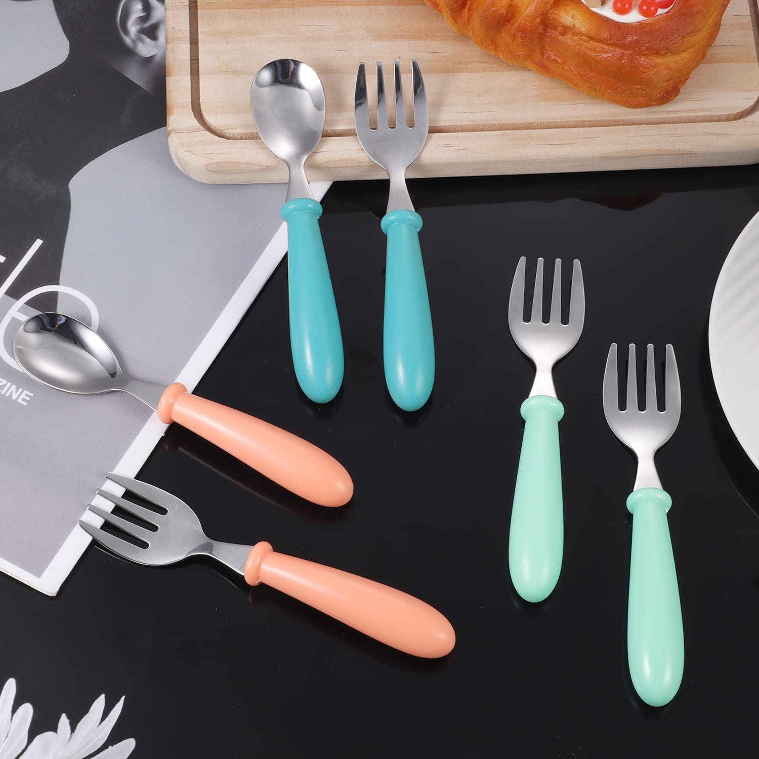Pimoys stainless steel kids cutlery with safe round handles for gentle learning