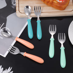 Pimoys stainless steel kids cutlery with safe round handles for gentle learning