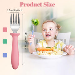 Pimoys toddler forks with plastic handles provide comfortable grips for small hands.