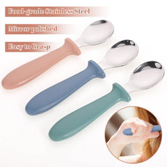 Pimoys toddler spoons with plastic handles, dishwasher-safe set