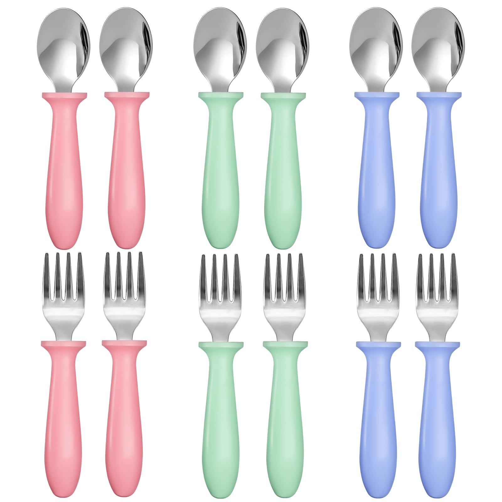 Pimoys toddler utensils set with stainless steel spoons and forks for easy self-feeding.