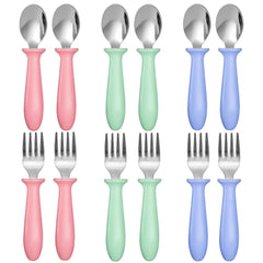Pimoys toddler utensils set with stainless steel spoons and forks for easy self-feeding.