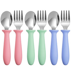 Pimoys six-piece toddler utensils set with forks and spoons for self-feeding
