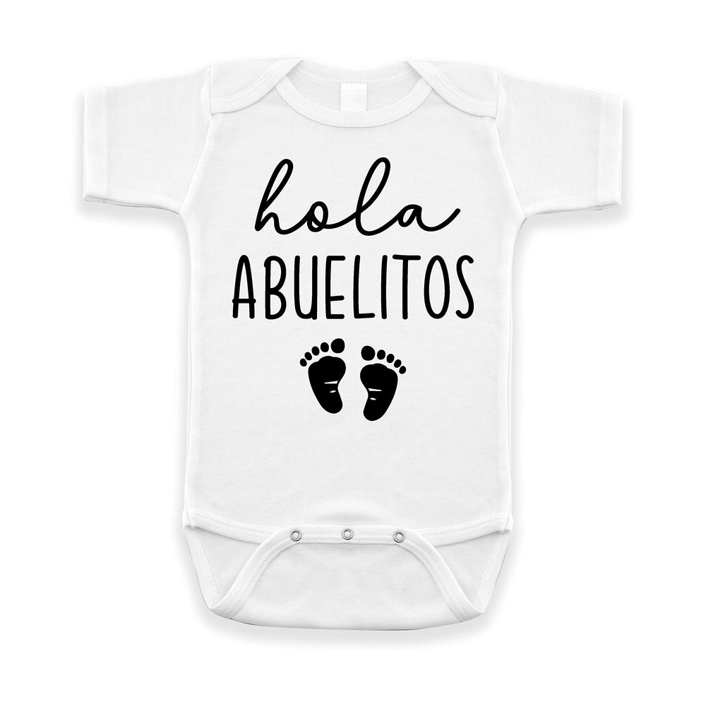 Pineapple Pancake Kids Hola Abuelitos bodysuit front design—perfect pregnancy announcement prop for grandparents.