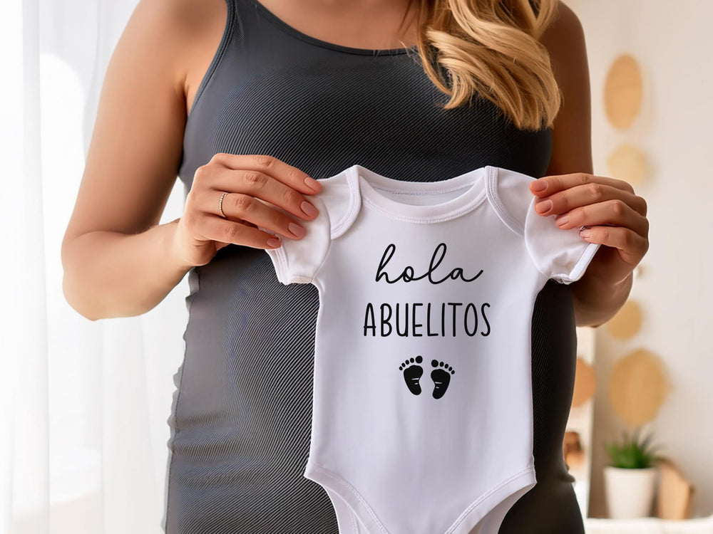 Pineapple Pancake Kids Hola Abuelitos bodysuit packaging—ready-to-gift keepsake for family.