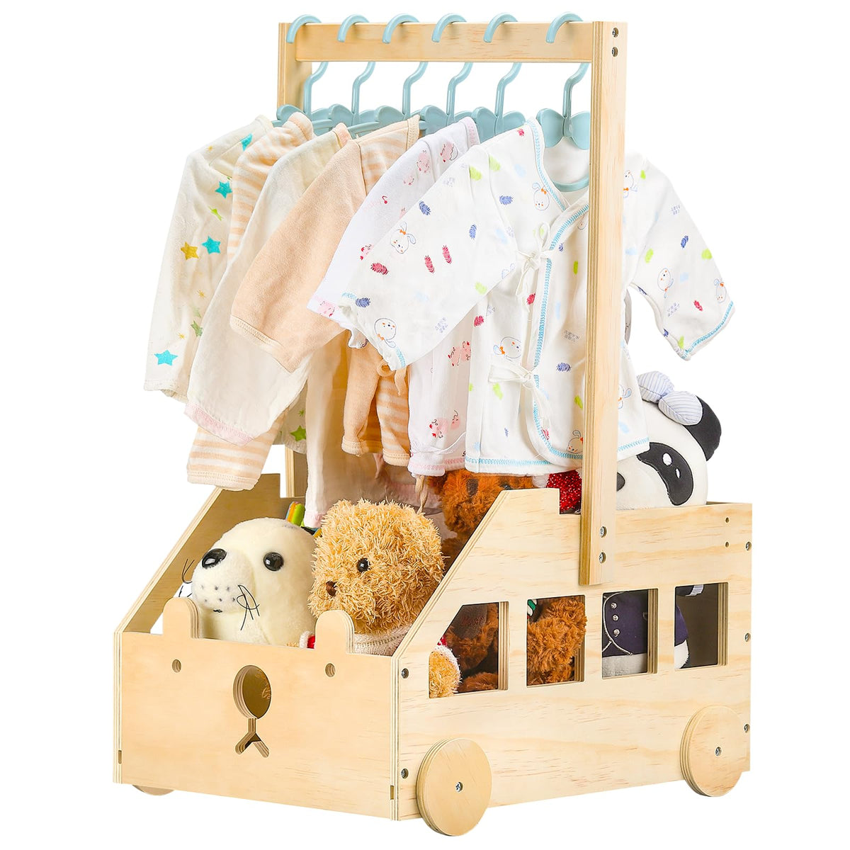 PineapplePapa baby crate with hanger rack keeps outfits neatly organized and easy to access.