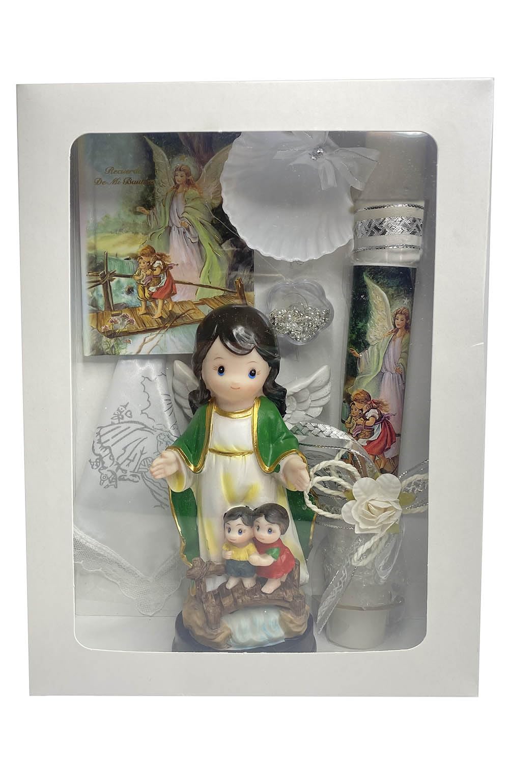 Pink Princess baptism candle set with angel statue on a bridge enhances ceremony ambiance.
