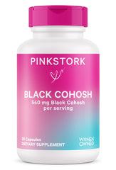 Pink Stork Black Cohosh bottle front shows menopause support potential.