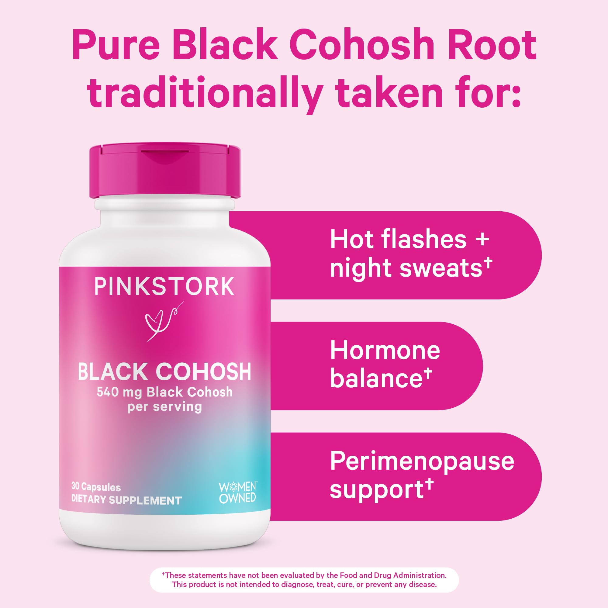 Pink Stork Black Cohosh capsule close-up highlights 540 mg potency.