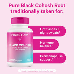 Pink Stork Black Cohosh capsule close-up highlights 540 mg potency.