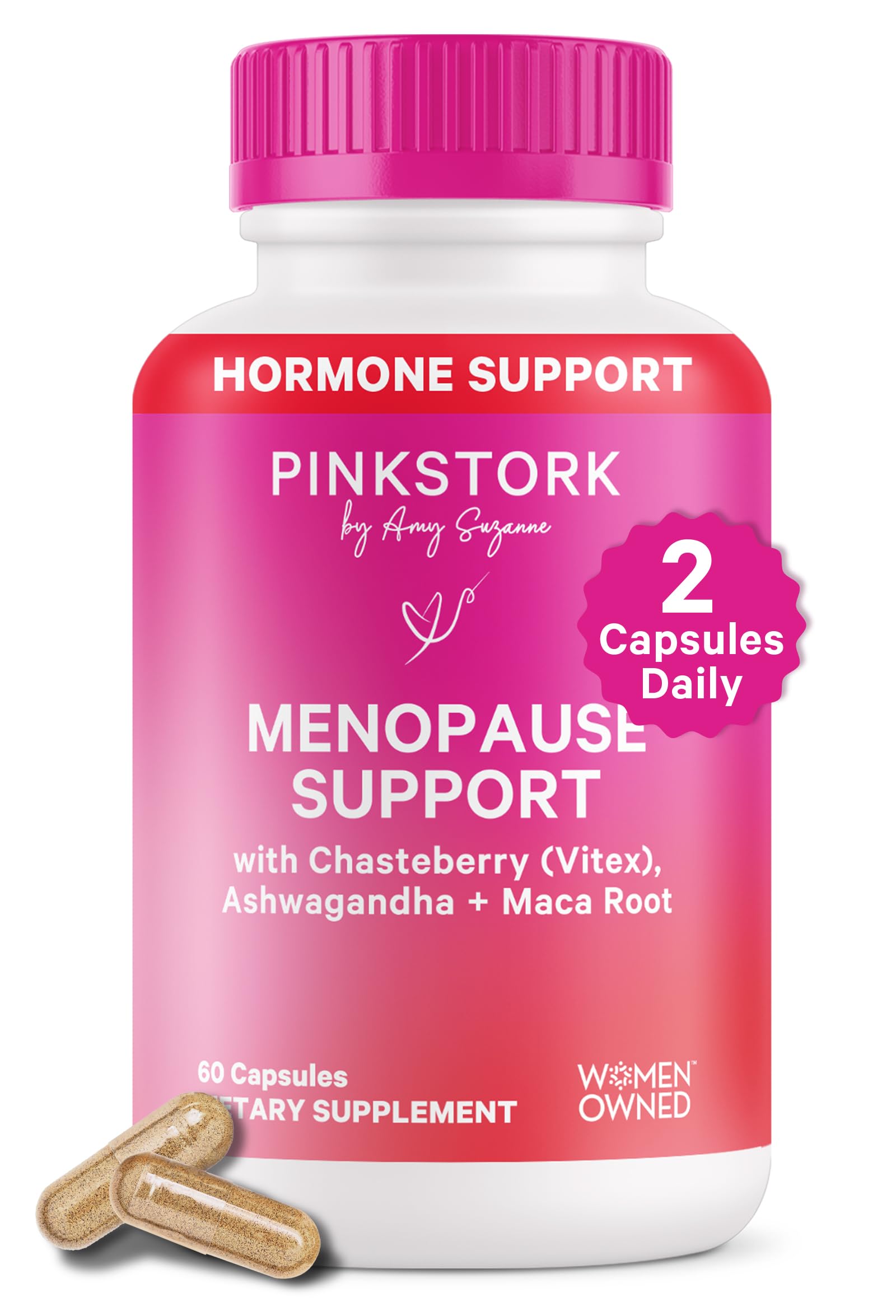 Pink Stork Menopause Support bottle and caps for daily, non-hormonal balance.
