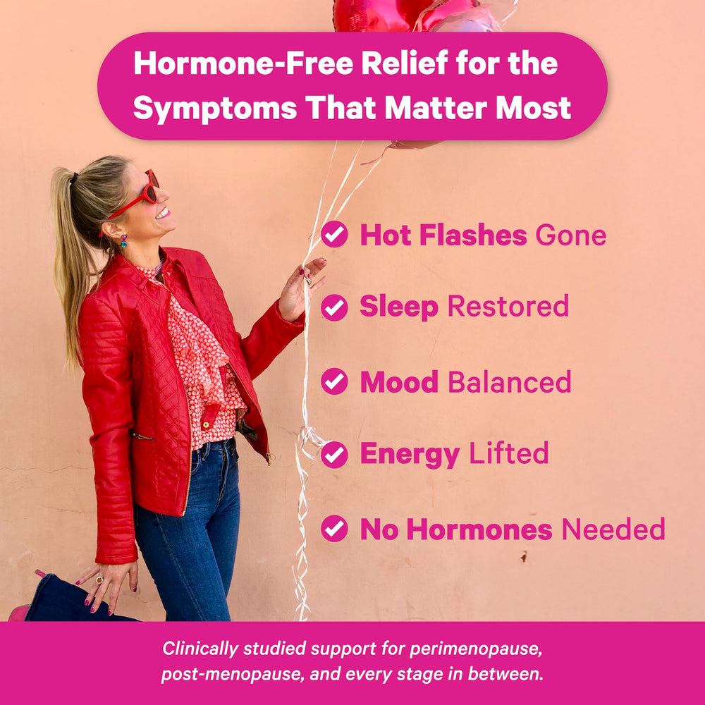 Pink Stork Menopause Support label front highlights estrogen-free, vegan formulation.