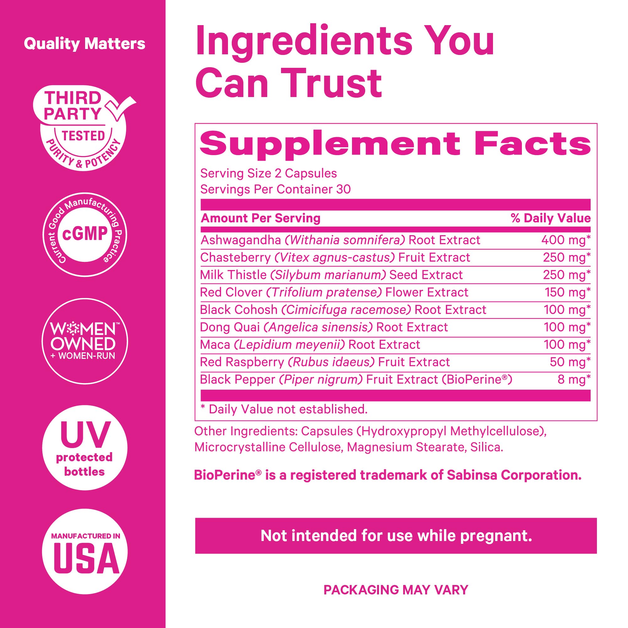Pink Stork Menopause Support vitex-dong-quai herbs image hints hormonal balance.