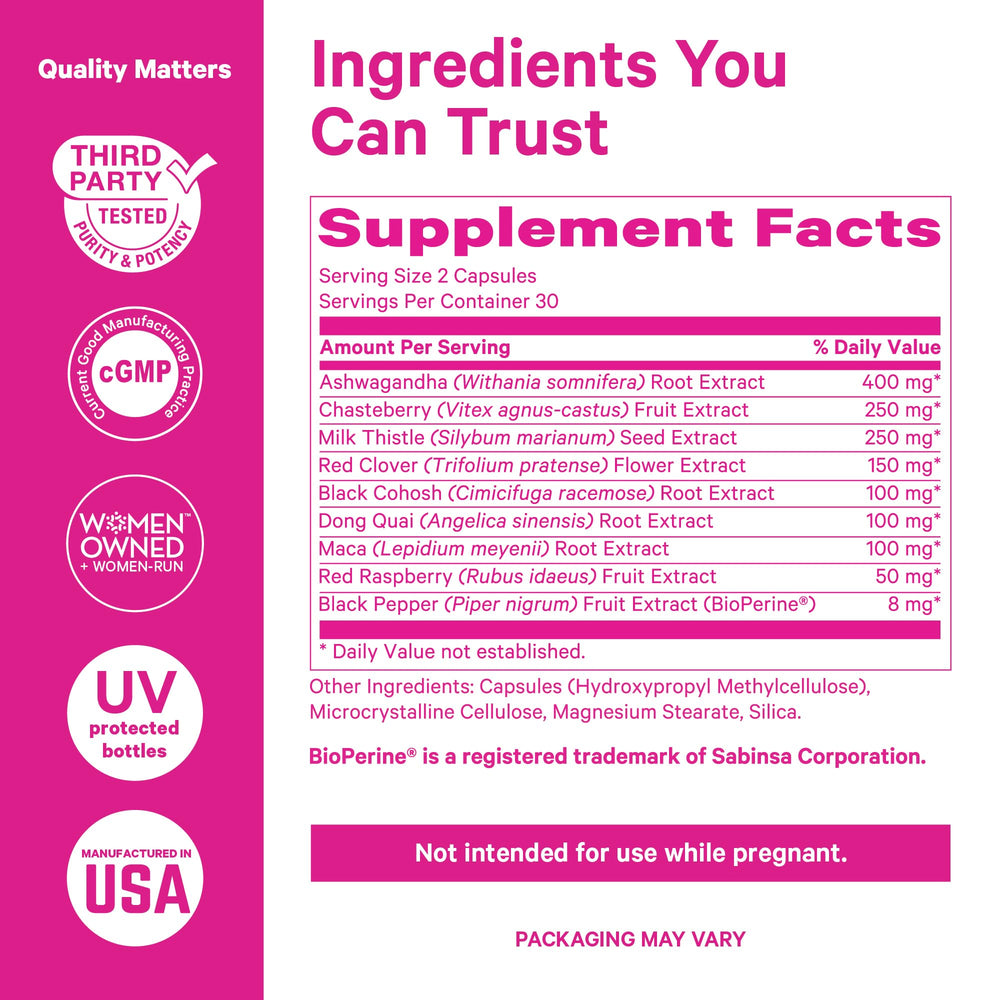 Pink Stork Menopause Support vitex-dong-quai herbs image hints hormonal balance.