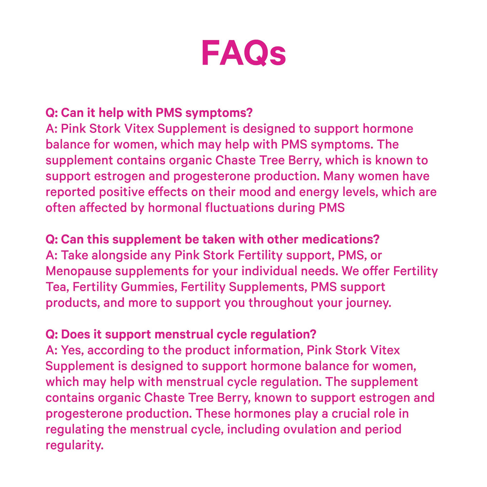 Pink Stork Organic Vitex ingredients panel emphasizing pure Vitex.