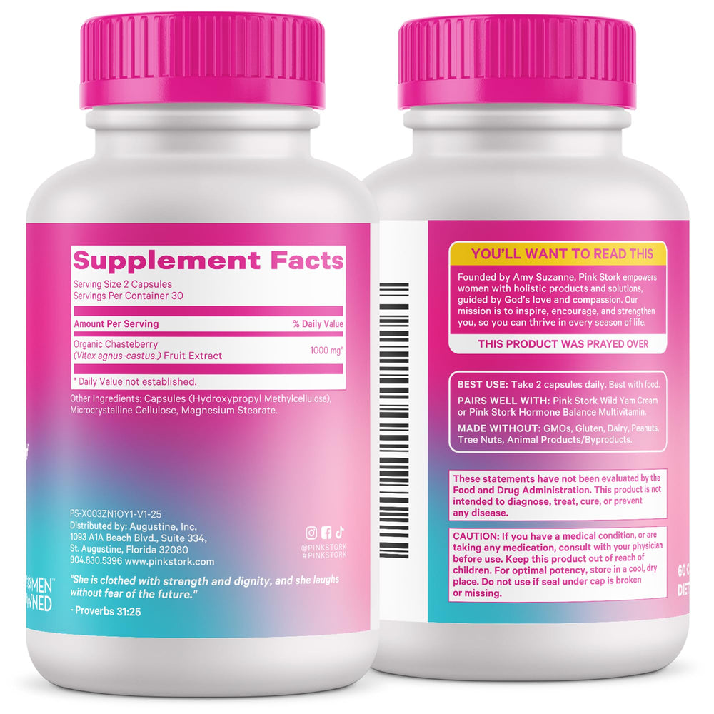 Pink Stork Vitex bottle photographed for hormonal balance support.